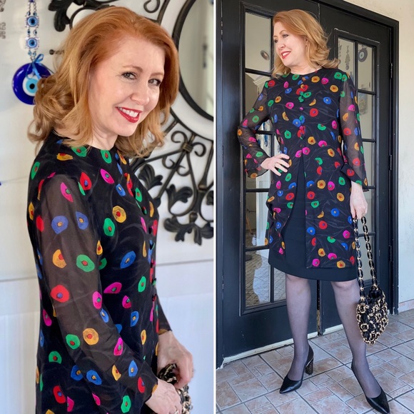 Akris Dress Silk Printed Layer Buttons Over Black-DESIGNER DEAL ⭐️ - Picture 5 of 12